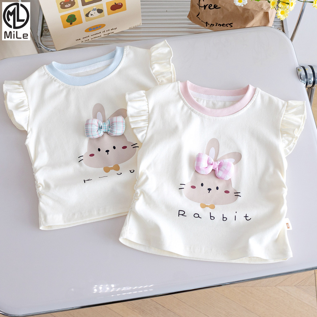 เสื้อยืดแขนสั้นสำหรับสาวน่ารัก สไตล์ใหม่ ฤดูร้อน พิมพ์กระต่าย ไซส์ 80-130 ซม.