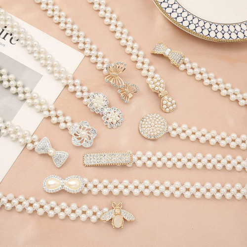 BS - ผู้หญิง PEARL BUCKLE H476 เกาหลีผู้หญิง PEARL CHAIN ELASTIC WAIST และแฟชั่นชุดเข็มขัดหัวเข็มขัด