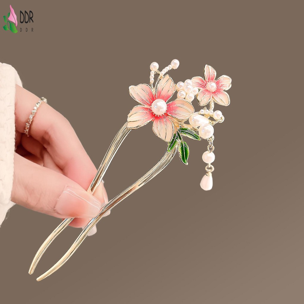 Peony U-Shaped Metal Hairpin สไตล์จีน รูปดอกไม้สีชมพู เครื่องประดับผมสำหรับงาน.party