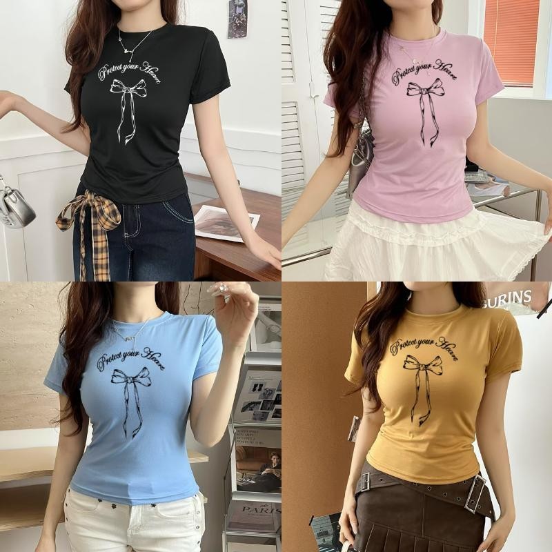 G01-09 เสื้อยืดสีดำแขนสั้นพิมพ์ลายโบว์ดำ สุดน่ารัก แนวเกาหลี หลายไซส์ ผ้านิ่มสวมใส่สบาย ใส่ได้ทุกโอกาส ราคาถูก