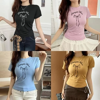 G01-09 เสื้อยืดสีดำแขนสั้นพิมพ์ลายโบว์ดำ สุดน่ารัก แนวเกาหลี หลายไซส์ ผ้านิ่มสวมใส่สบาย ใส่ได้ทุกโอกาส ราคาถูก