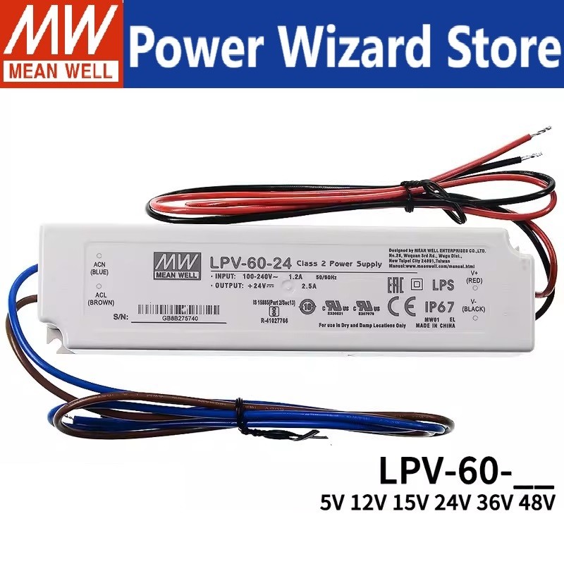 MEAN WELL LPV-60 Series 60W แหล่งจ่ายไฟ IP67 สําหรับไฟ LED LPV-60-5 LPV-60-12 LPV-60-15 LPV-60-24 LP