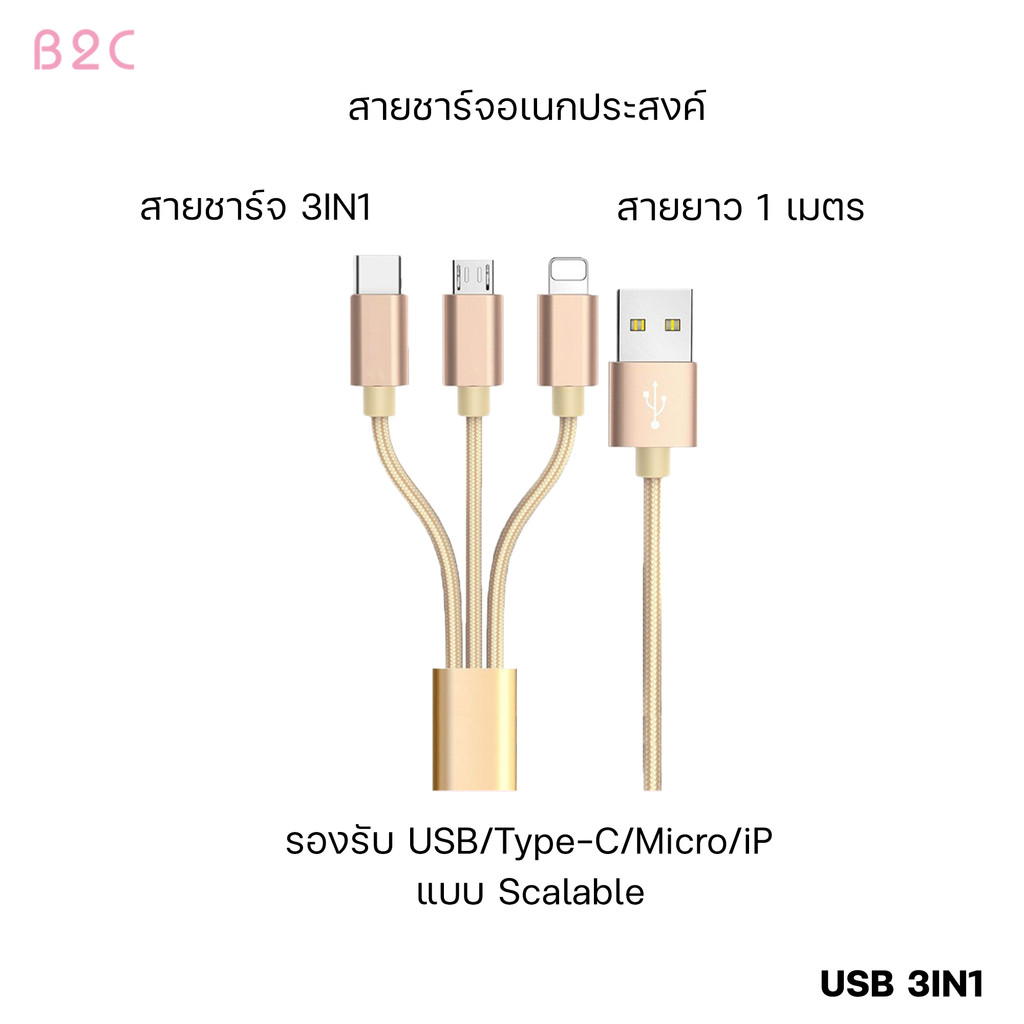 🔥New 3in1 Usb🔥3 In 1 USB Type-C สายเคเบิ้ลชาร์จอเนกประสงค์ สำหรับ IPhone / Samsung/Type-C