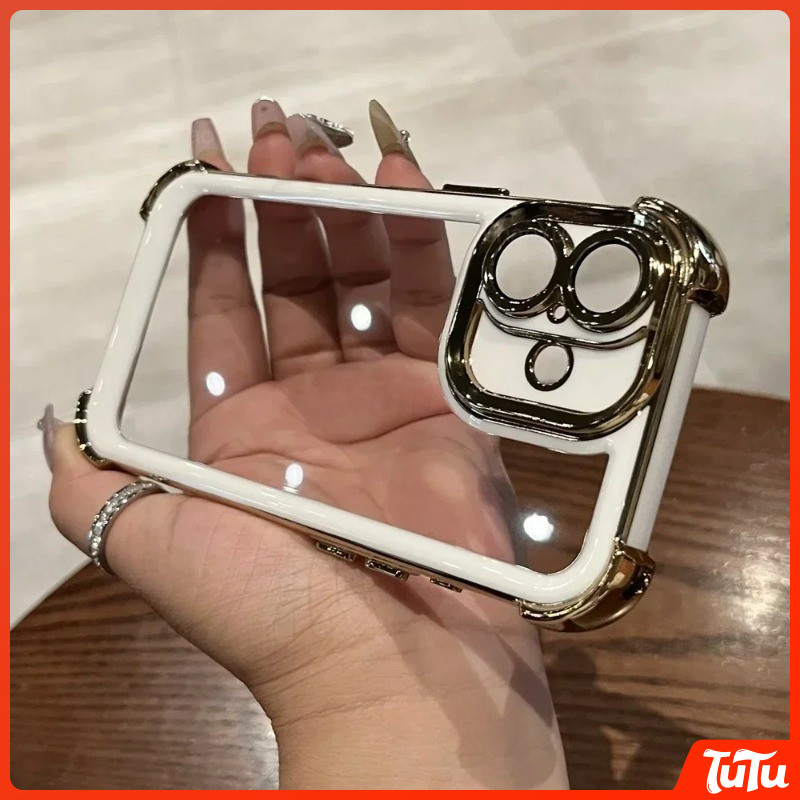 TuTu หรูหราชุบ Bicolor โปร่งใสพร้อมฟิล์มเลนส์เกราะป้องกันเคสโทรศัพท์เข้ากันได้สําหรับ IPhone 16 11 12 13 14 15 Pro Max Plus กันชนกันกระแทกเคสใสความงาม เคสกันกระแทก เคสซิลิโคน เคสไอโฟน11