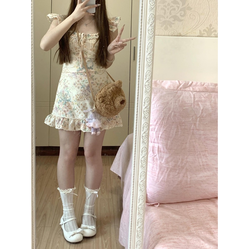 Chili Kokoชุดเดรสสายเดี่ยวเซ็กซี่สไตล์ฝรั่งเศสลายดอกไม้กลวง ชุดเดรสเสื้อกั๊กคอเหลี่ยมระบายโบว์สำหรับผู้หญิงมีซับใน 99110 - รูปที่ 6