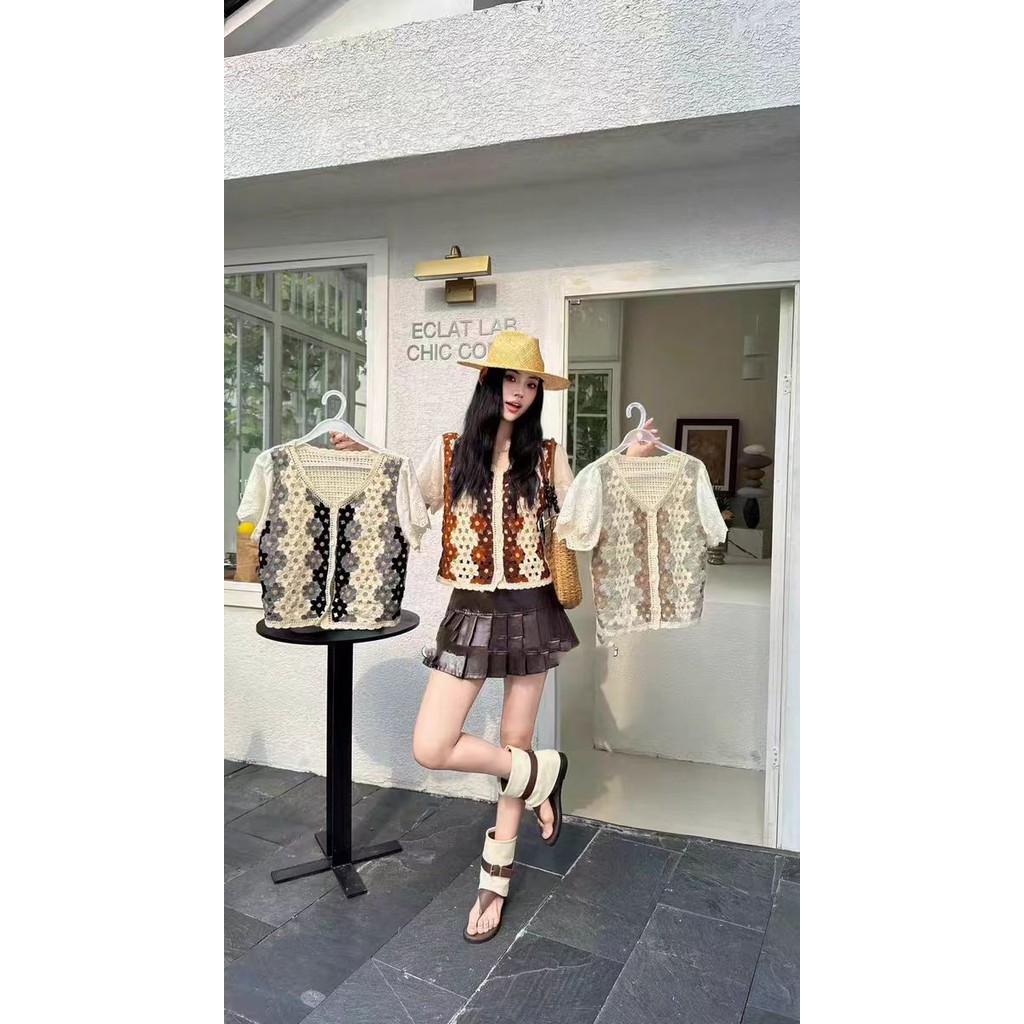 Mint Mambo Retro Contrast สีวรรณกรรมการออกแบบ Sense รอบคอ Hollow เสื้อกั๊กปักกระโปรงแฟชั่นชุดฤดูร้อน