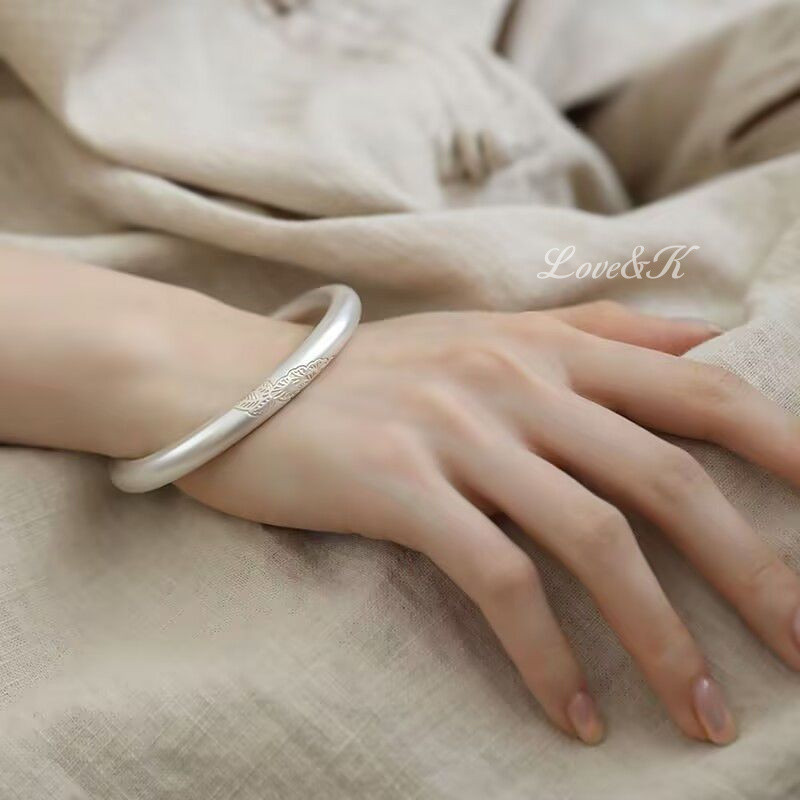 L & K [เงินบริสุทธิ์ 999.9] วิธีโบราณวาดสร้อยข้อมือเงินดอกไม้ถังสีขาวทอง|สร้อยข้อมือเงินแท้วงกลมธรรม