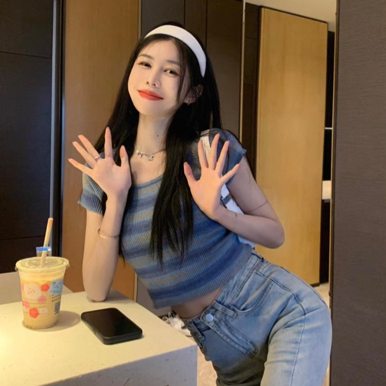 🌟Fairy Style✨เสื้อยืดไหมพรมแขนสั้น เสื้อครอป คอยู ลายทาง สไตล์เกาหลี#5005 - รูปที่ 4