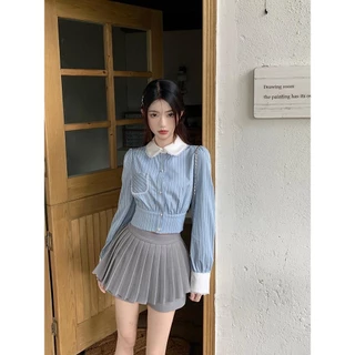 Chili Koko เสื้อเชิ้ตลายทางสีฟ้าฝรั่งเศส เสื้อแขนยาวคอตุ๊กตาเอวสั้นสำหรับสาวตัวเล็ก 99111