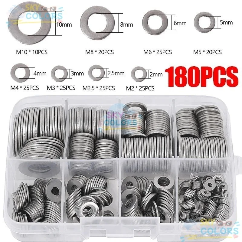 ปะเก็นแหวนซีล แบบแบน สกรูสเตนเลส M2-M10 ทรงกลม คุณภาพสูง สําหรับซ่อมแซมบ้าน 180 ชิ้น ต่อกล่อง Sky