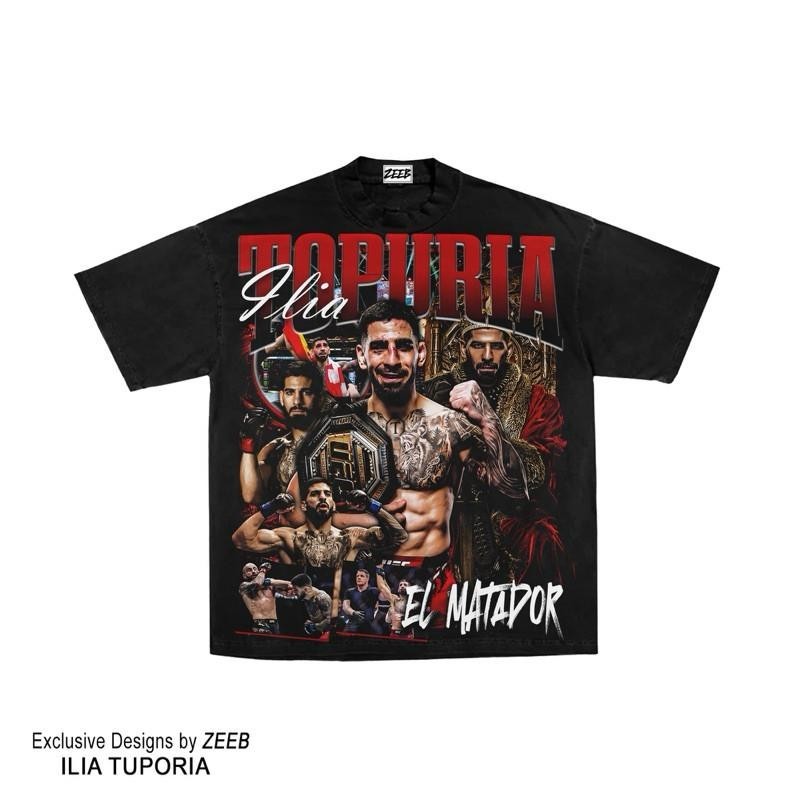 HITAM KATUN (แฟชั่น) UFC Ilia Topuria เสื้อยืดขนาดใหญ่สําหรับชายสีดํา MMA Boxing Boxing พิมพ์เสื้อยื
