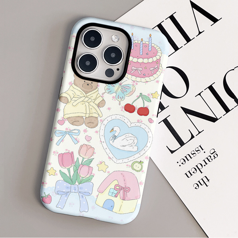 เค้กดอกไม้หมีเคสโทรศัพท์เหมาะสําหรับ iPhone 16ProMax 13 7plus 16Pro 15ProMax XR 12 11ProMax XSMAX 15Pro 16plus 11Pro XS 15plus 2 in 1 Matte Shock-proof Case