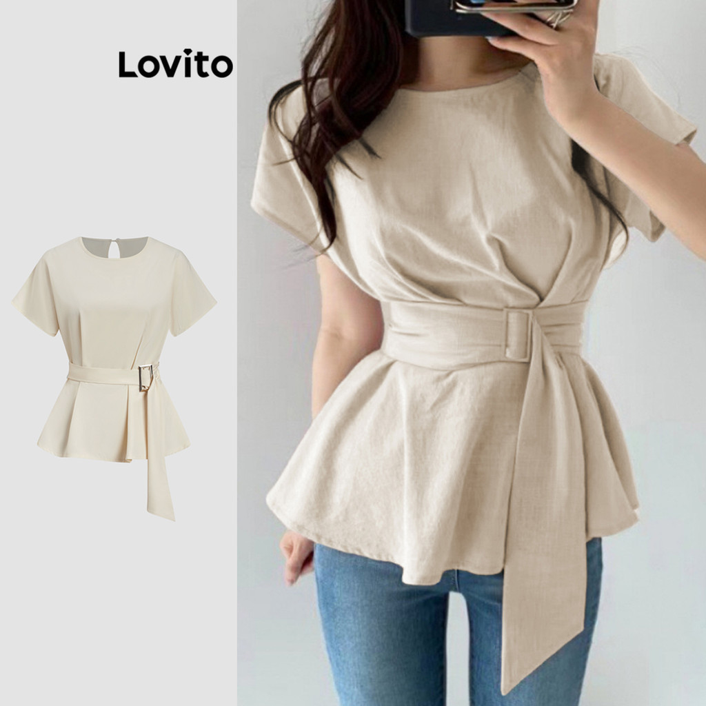 Lovito เสื้อเบลาส์เข็มขัดสีพื้นหรูหราสําหรับผู้หญิง L118ED303