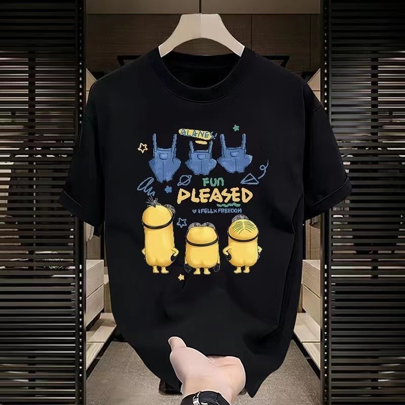 เสื้อยืดพิมพ์ลายมินเนี่ยน สไตล์การ์ตูนFUN ทำจากผ้าฝ้ายแท้ระบายอากาศ