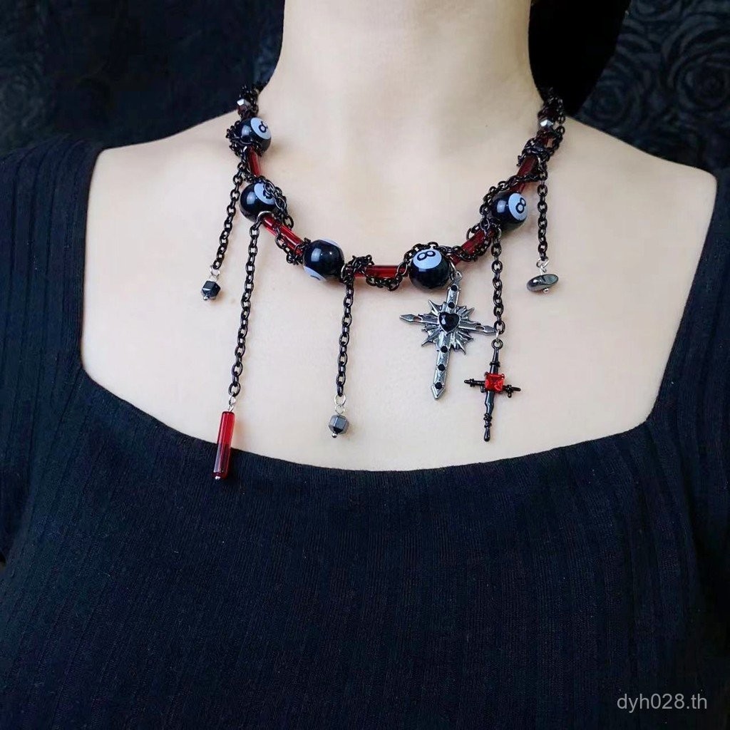 สร้อยคอสตรี สายโซ่พังก์ ประดับลูกปัดสีดำเข้ม ขนาด 5 DCV