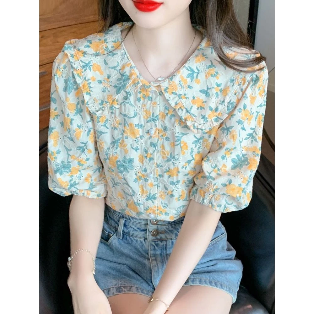 เสื้อลายดอกไม้ผู้หญิง ไซส์ S-2XL แขนสั้น ทรงหลวม สไตล์เกาหลี thumbnail 6