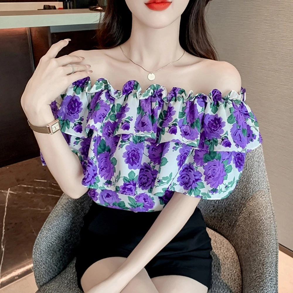 เสื้อเชิ้ตลายดอกวันสงกรานต์ สไตล์เปิดไหล่ แขนสั้นขอบใบบัว thumbnail 4