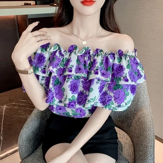 เสื้อเชิ้ตลายดอกวันสงกรานต์ สไตล์เปิดไหล่ เสื้อแขนสั้นขอบใบบัวสวยมาก จัดส่งในกรุงเทพฯ