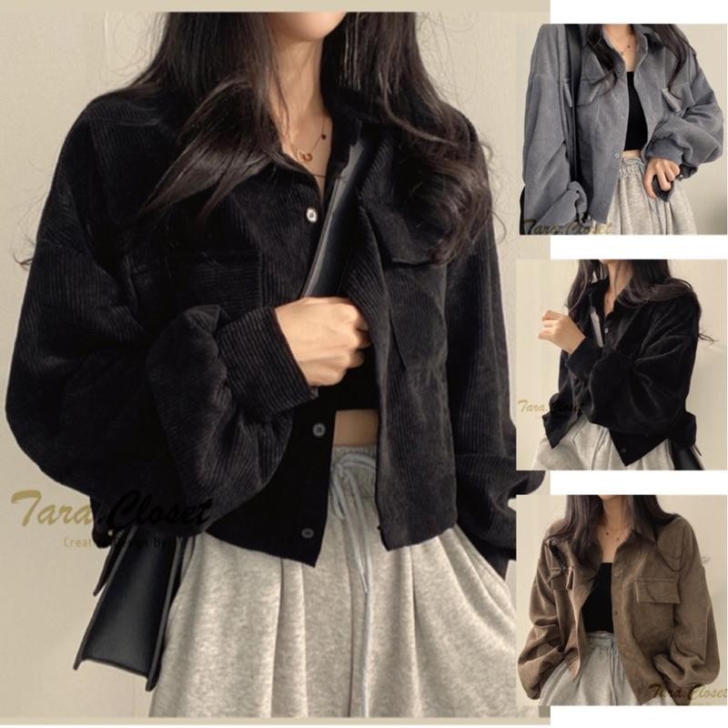 Chili#เสื้อครอป แขนยาว แขนพอง กระเป๋าคู่ ผ้าลูกฟูก ทรงน่ารักมาก ผ้าดี ใส่สบาย ดีเทลเก๋ๆ#W273 ผู้หญิง Clothing