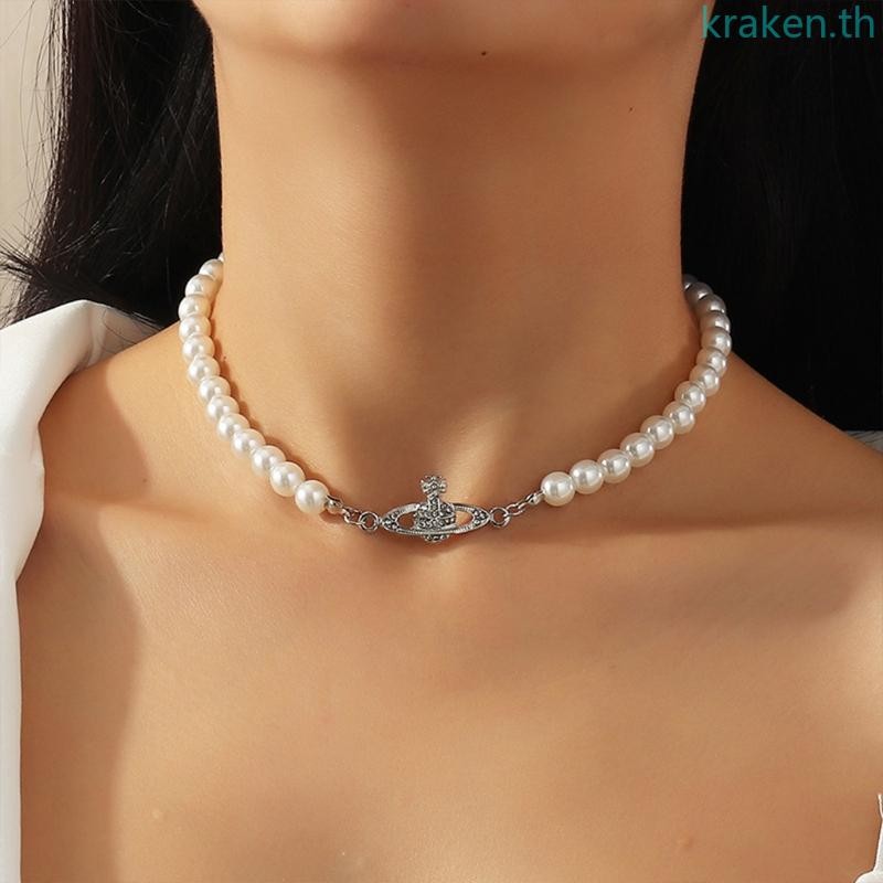 Imitation Pearl Necklace Artificial Planet Diamond Chocker Pendant for Women