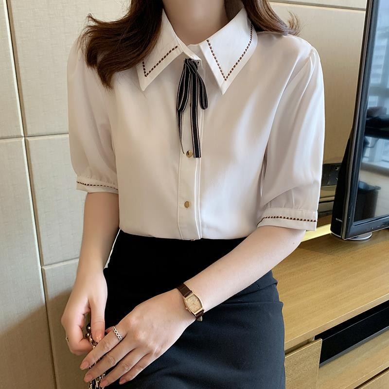 เสื้อเชิ้ตแขนสั้น ผ้าชีฟองนุ่ม ทรงโอเวอร์ไซส์ สไตล์วิทยาลัยน่ารัก