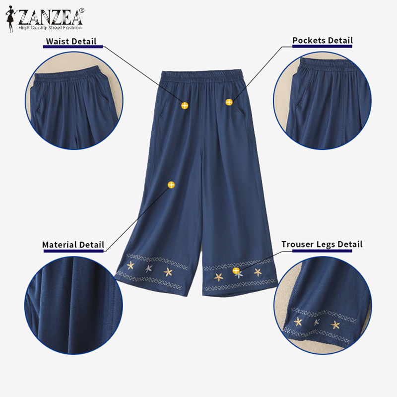 ZANZEA ผู้หญิงเกาหลี Retro Leisure เอวสูงEmbroider พิมพ์กางเกงขากว้าง Hem — صورة 7
