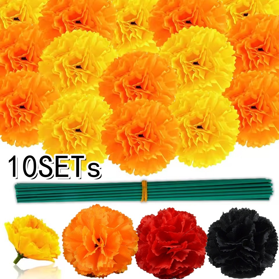 10 ชุดประดิษฐ์ดาวเรืองดอกไม้สีส้มสีเหลืองสีแดงสีดําดอกไม้สําหรับวันของ Dead Decor Diwali Decor