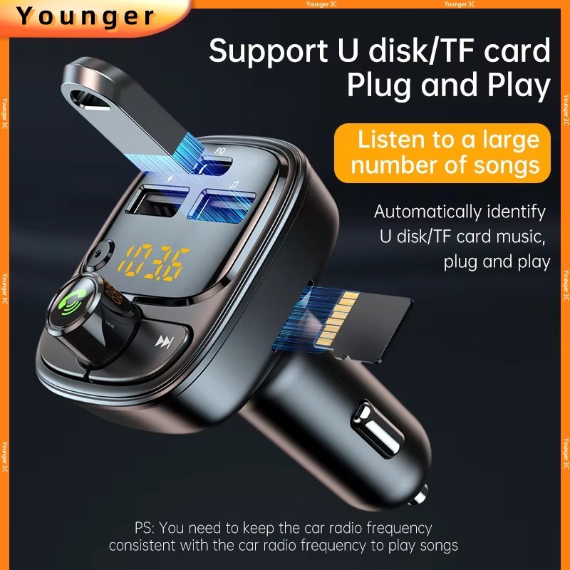 PD 30W รถ Fast Charging Charger MP3 บลูทูธ 5.1 + FM เครื่องส่งสัญญาณรองรับ U Dirrve/TF Card Lossless