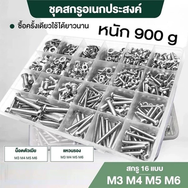 ชุดสกรูสแตนเลส 304 ชุดสกรูอเนกประสงค์ ขนาด M3 M4 M5 สกรู 6 น็อตตัวผู้ น็อตตัวเมีย แหวนรองพร้อมกล่องพลาสติกแบ่งช่อง