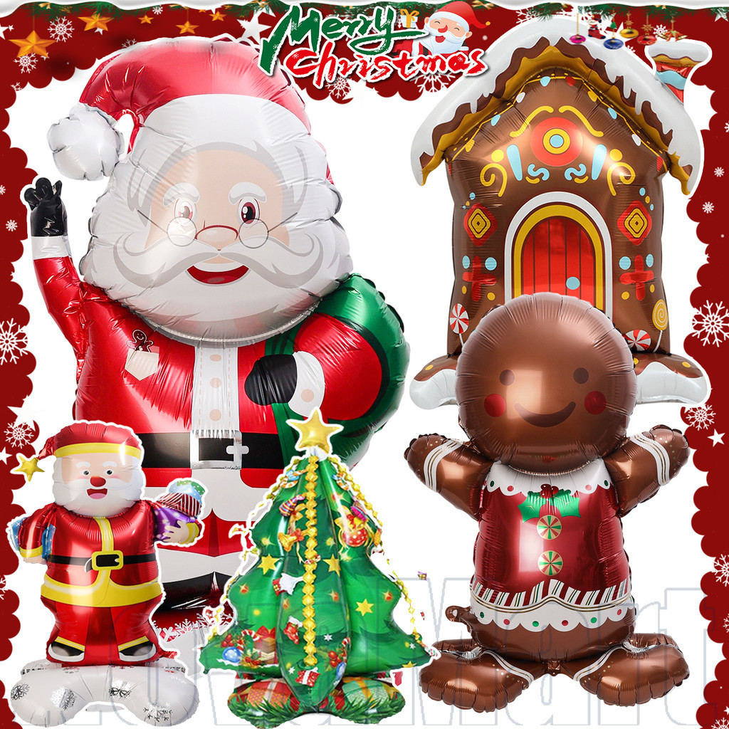 ลูกโป่งยืนคริสต์มาสสุดหรู | การตกแต่งฟิล์มอลูมิเนียมสีทอง/เงิน/แดง (5 ขนาด), อัตราเงินเฟ้ออย่างรวดเร็วและพับเก็บได้สําหรับจัดเก็บ, รูปทรงซานตา/ต้นไม้
