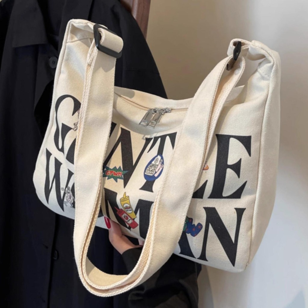 กระเป๋าผ้าแคนวาสผู้หญิง ความจุขนาดใหญ่ | กระเป๋าถือสะพายไหล่ อเนกประสงค์  เหมาะสำหรับนักศึกษาและใช้งานได้หลากหลาย-8016 - รูปที่ 2