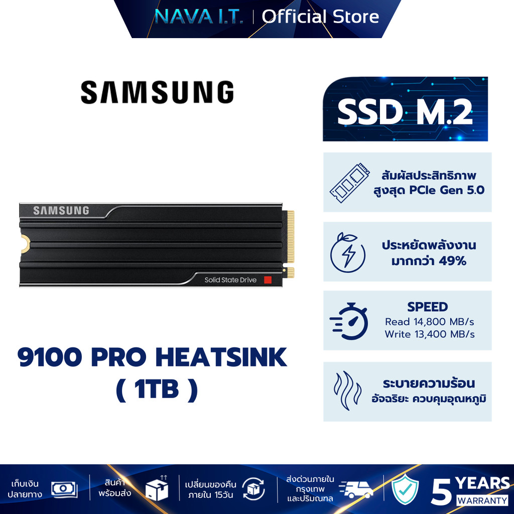 SAMSUNG 9100 PRO Heatsink SSD M.2 ความจุ 1TB 14,800 / 13,400 MB/s (MZ-VAP1T0CW) รับประกัน 5 ปี