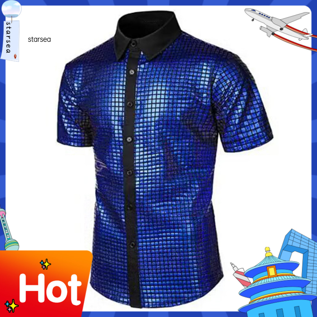 SRA ZK ผู้ชายคอสเพลย์เสื้อหลวม Fit Men เสื้อ Vintage 70s Disco Mens Club เสื้อสะท้อนแสงเลื่อมแขนสั้น