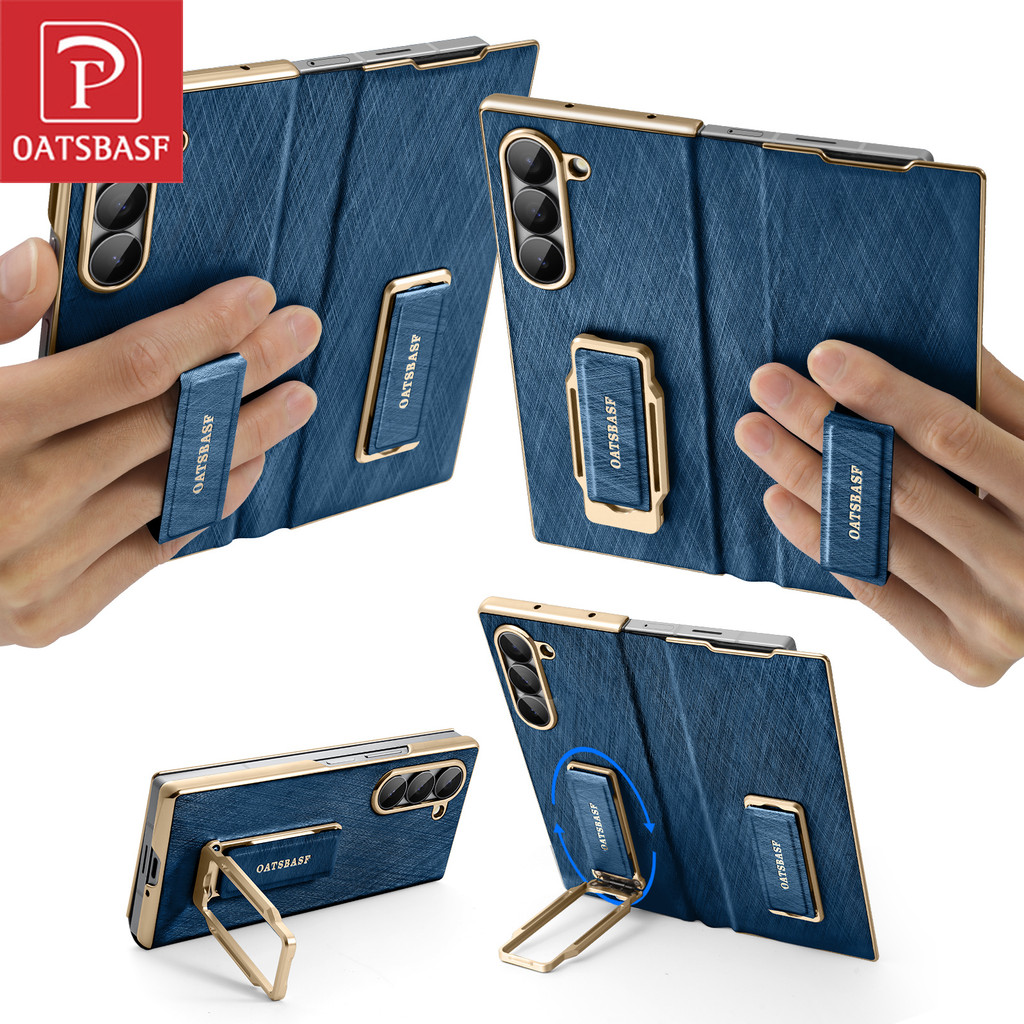 OATSBASF เคสโทรศัพท์หนังสายคู่สําหรับ Samsung Galaxy Z Fold 7 กรณีแม่เหล็ก 360° ขาตั้งหมุนได้