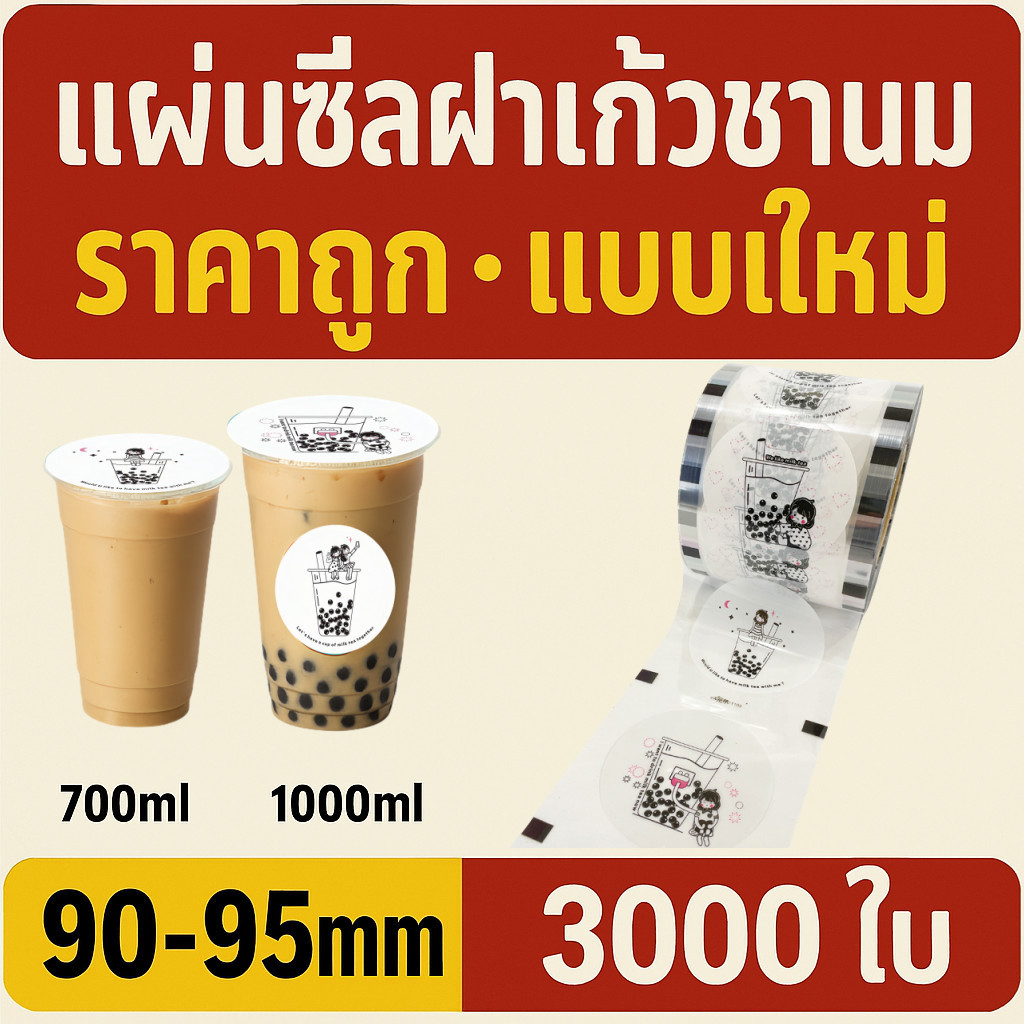 ฟิล์มปิดผนึกถ้วยพลาสติก 90-95 มม. 3,000 แผ่นลายชานมสาวปิดผนึกไม่รั่ว | CupiCute Thailand Ready Stock