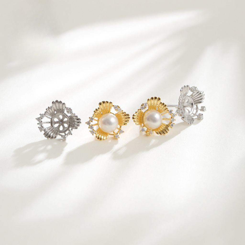 S92 เงินสเตอร์ลิงญี่ปุ่นและเกาหลี Daisy ต่างหูอุปกรณ์เสริม 18K Gold Base Pin-Type คอนซีลเลอร์ DIY Pe