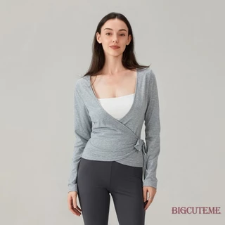 【ส่งจากไทย】 เสื้อครอปคอวีลึก แขนยาว ผูกไขว้ สีพื้น ทรงเข้ารูป เสื้อยืด เสื้อเบลาส์ออกกำลังกาย