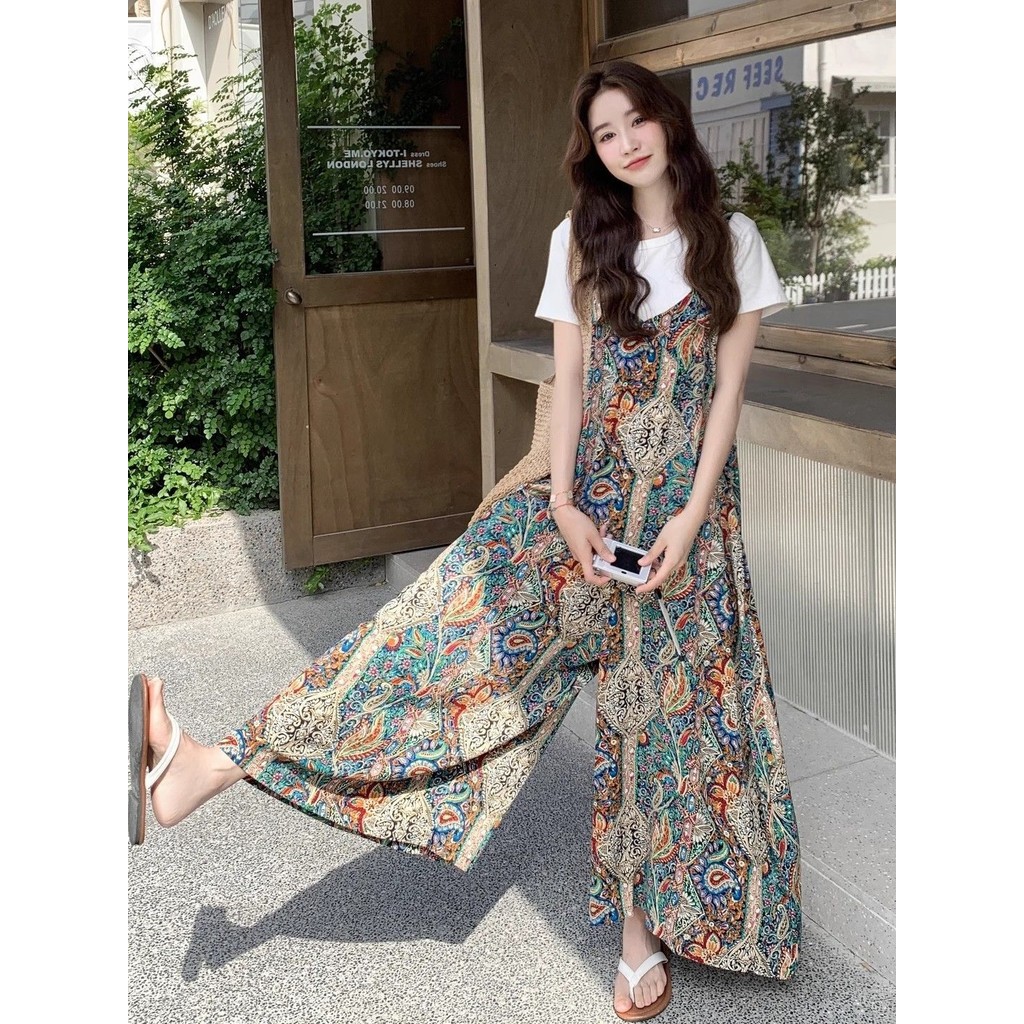 Retro Bohemian Jumpsuit สำหรับผู้หญิง ดีไซน์ขากกว้าง สายรัด เหมาะสำหรับฤดูร้อน