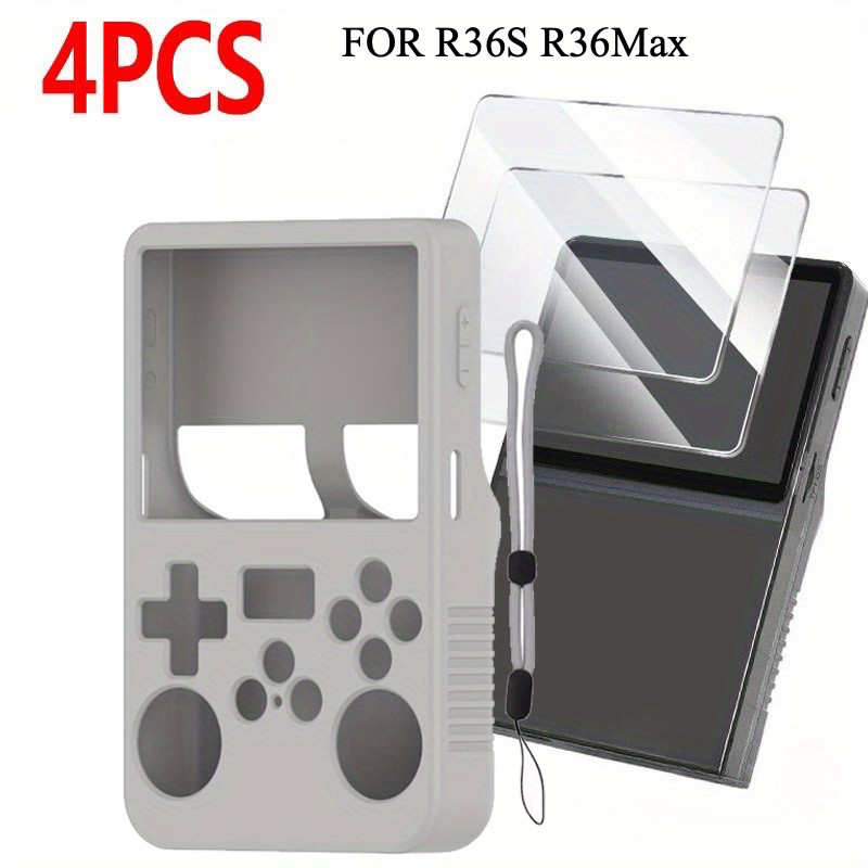 4 IN 1 Soft Silicone Shell + Glass สําหรับ R36S R36Max เกมคอนโซลพร้อม Lanyard & Screen Protectors ฟิ