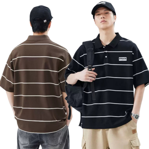 ProMan-เสื้อโปโลผู้ชายลายทาง  สีต่อ  ปกพับ  สไตล์ธุรกิจ  แบบหลวม