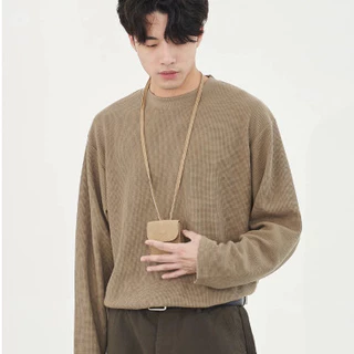 PROMAN วแขนยาววาฟเกอร์ผู้ชาย สีบริสุทธิ์ เสื้อยืด ทรงหลวมสไตล์เรียบง่าย ทรงเข้ารูปขั้นพื้นฐาน มีให้เลือกหลายสี ขนาดM-