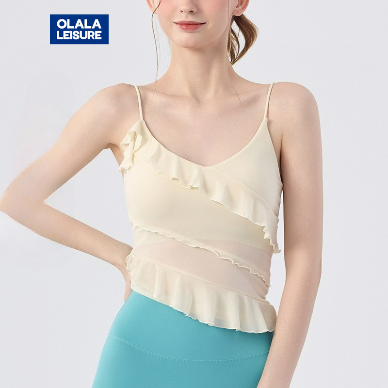 Olala Leisure Yoga Sports Bra Fixed Pads Mesh-stitching And Ruffle Trim Breathable