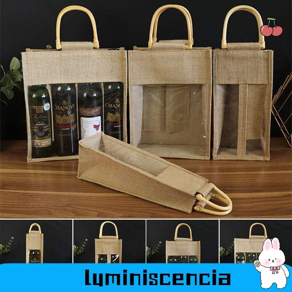 Luminescencia Burlap ถุงขวดไวน์ มีหน้าต่างและที่จับ Reusable Wine Carrier Tote กระเป๋าล้างทําความสะอาดได้ทนทานงานแต่งงานวันเกิดไวน์ของขวัญกล่อง
