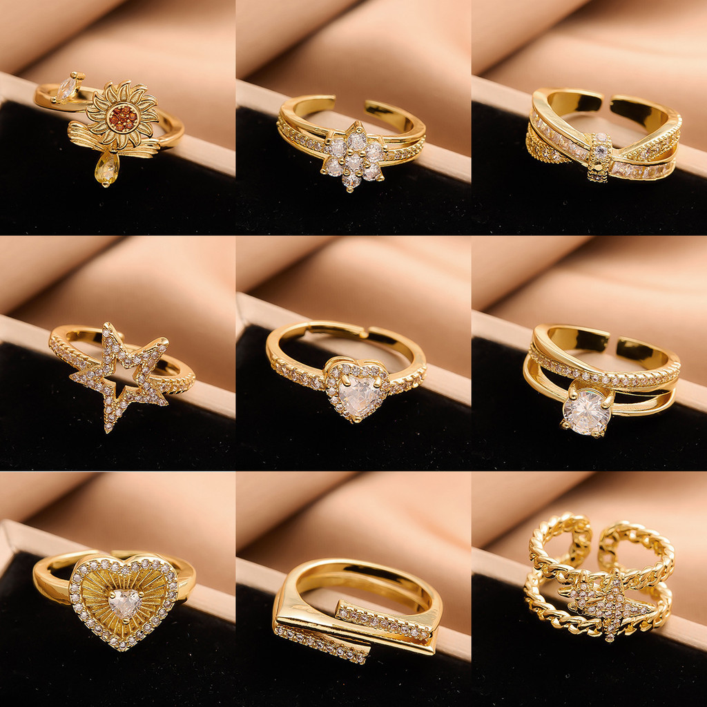 ทองแดงฝังเพทายหิน niche high-end หรูหราไม่ซีดจางเปิดแหวนเครื่องประดับสําหรับผู้หญิง