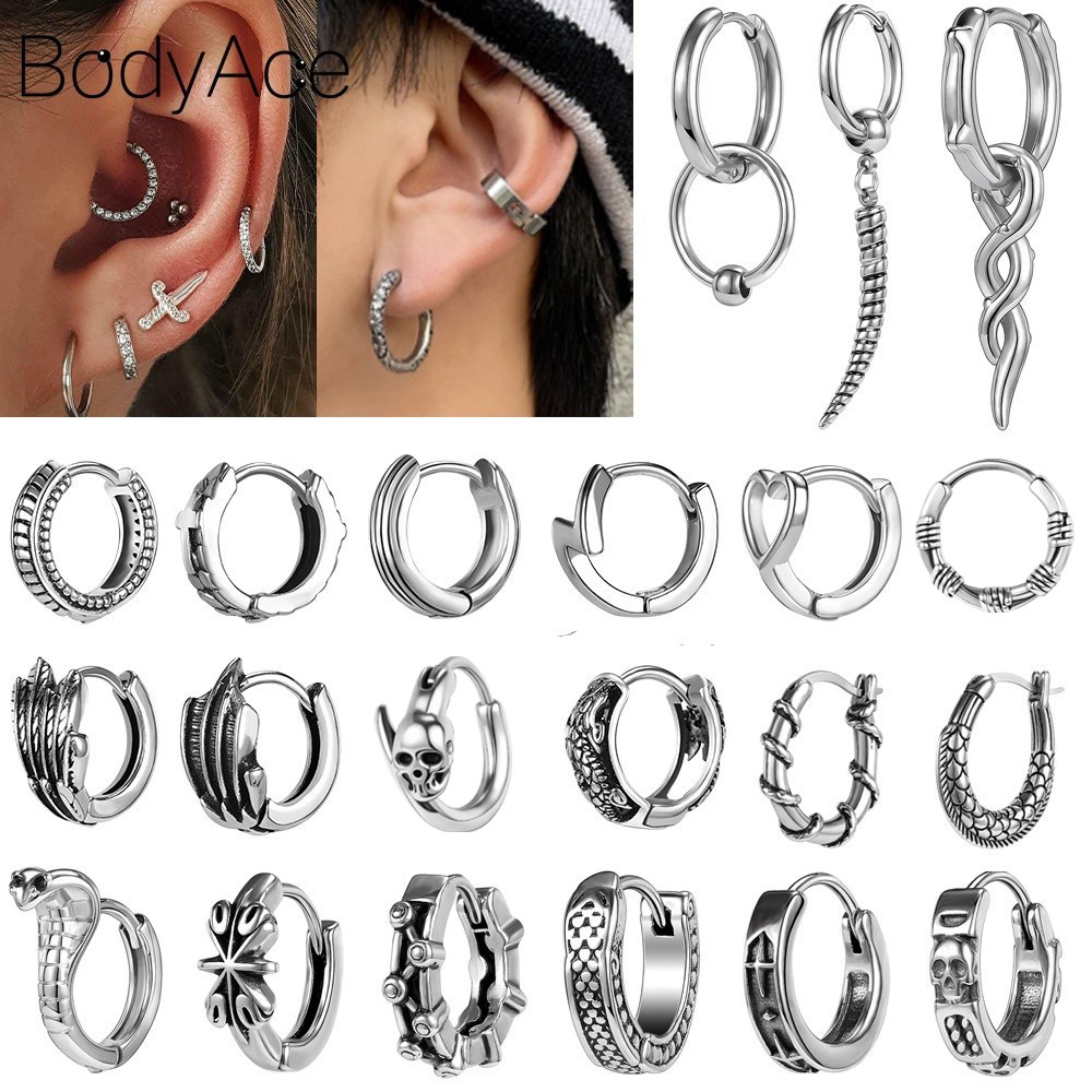 Bodyace 1 คู่ Cross Punk ต่างหูสแตนเลสหู Studs Hoop ต่างหู Drop ต่างหูรอบหูเจาะ