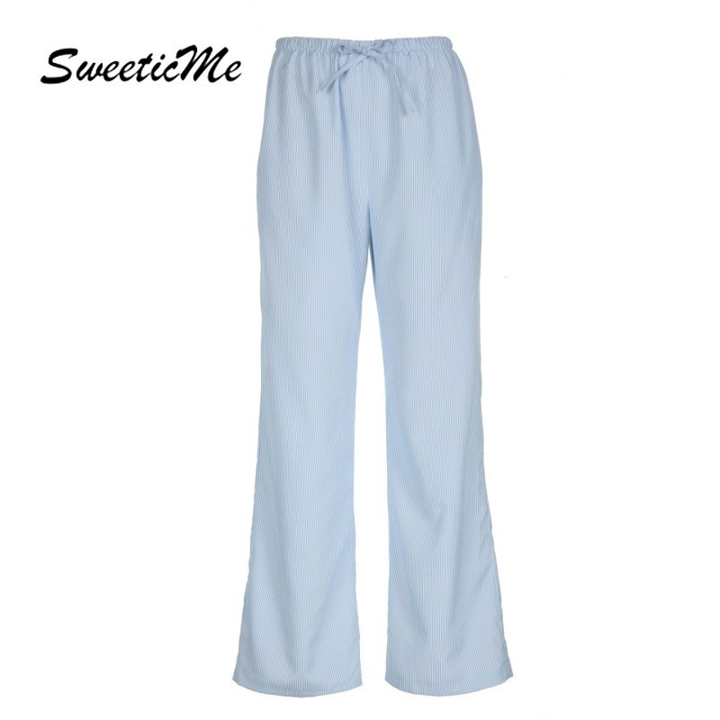 Sweeticme ของผู้หญิง 2024 ใหม่แฟชั่นพื้นฐานทรงหลวมเอวยางยืดกางเกงลายทางตรง