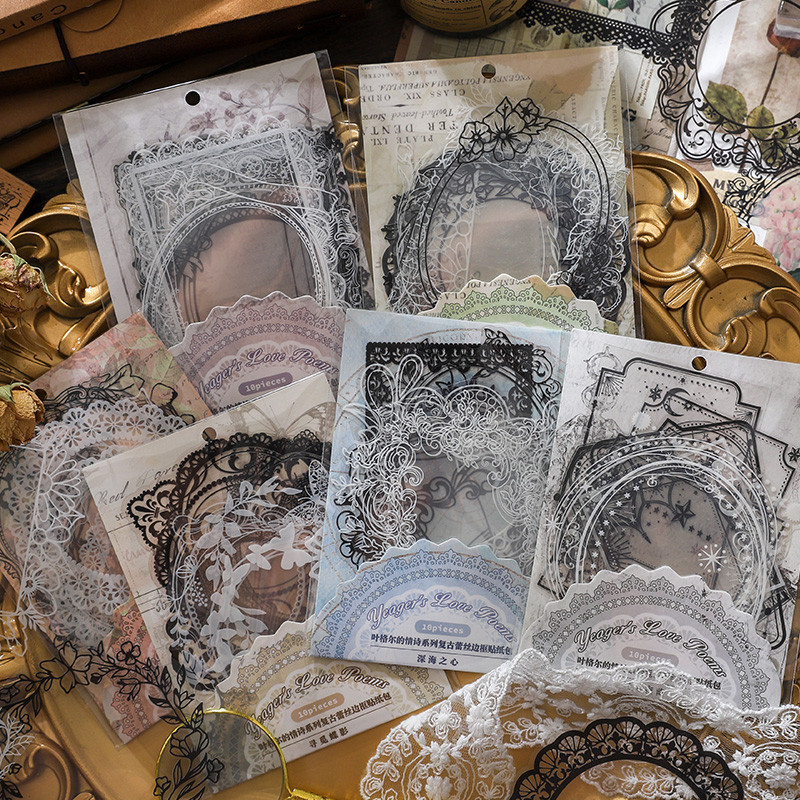 Journamm 10 ชิ้น/แพ็ค Kawaii สติกเกอร์ลูกไม้ Vintage Lace Heart กรอบน่ารัก DIY สติกเกอร์ตกแต่งสําหรับ Art Craft Scrapbooking