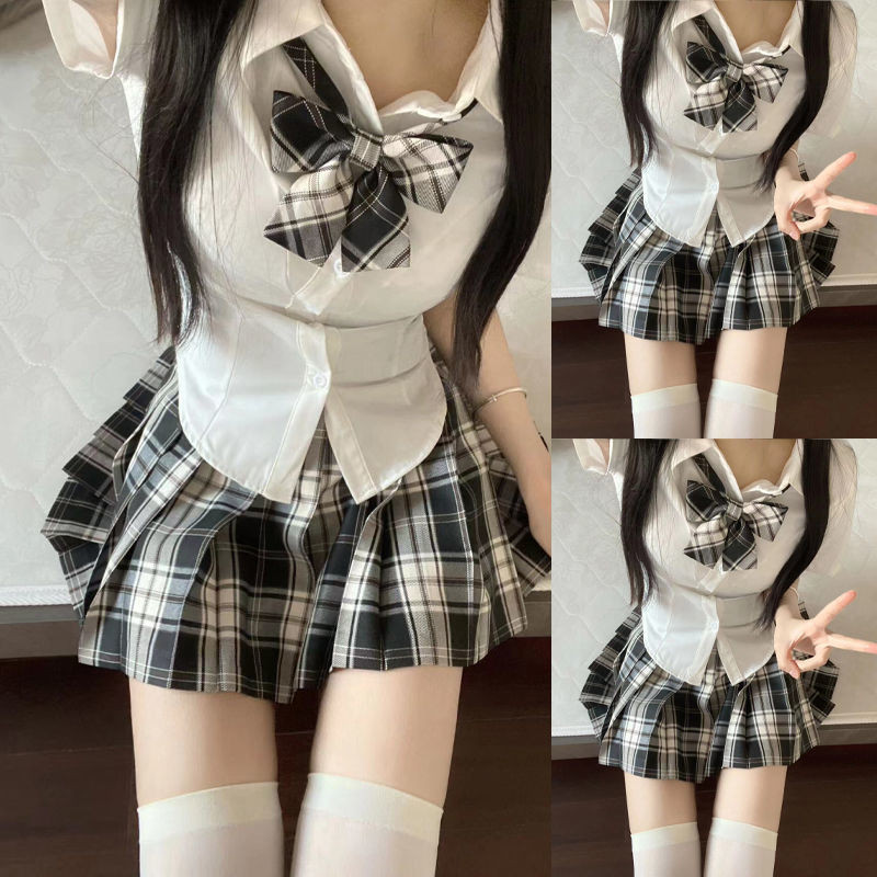 ชุดยูนิฟอร์ม JK ดั้งเดิมสำหรับนักเรียนหญิง ชุดยูนิฟอร์มสไตล์ Pure Desire เสื้อเชิ้ต JK ที่รัดเอวและกระชับสัดส่วน ชุดกระโปรงพลีทสองชิ้น