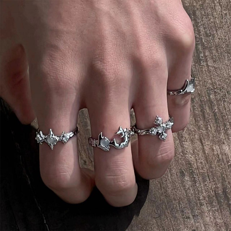 European and American Fashion Irregular Moonstone Cross Open Ring for Girls, New Hip-hop Trend Niche Design Street Men's and Women's Accessories
