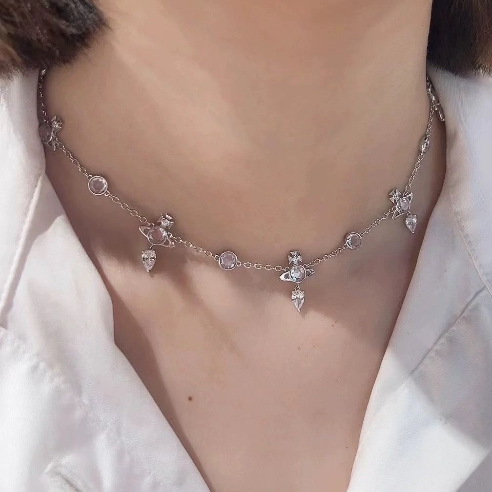 Vivienne Westwood Saturn Water Drop คริสตัลเพชร Dream Catcher สร้อยคอสร้อยข้อมือ Horse Eye Super Flash Water Drop Clavicle Chain